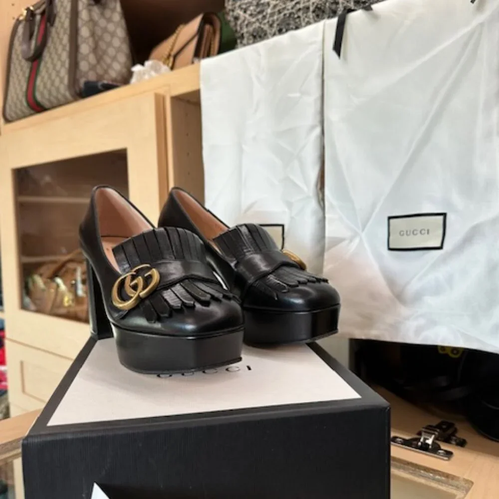 Gucci Double G Logo Size 36.5 Black Leather Pumps - Picture 3 of 6